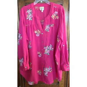 Fig and Flower Pink Floral Embroidered Button Front Tunic Blouse 2X ROX1P33E12X